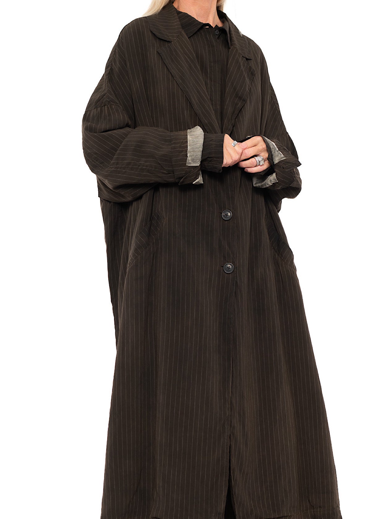 OVERSIZED PINSTRIPE DRAPED COAT