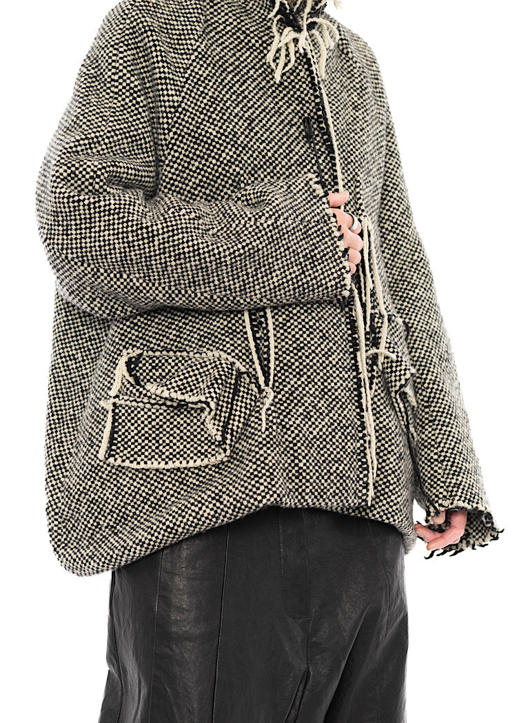 OVERSIZED DISTRESSED CHECK WOOL JACKET