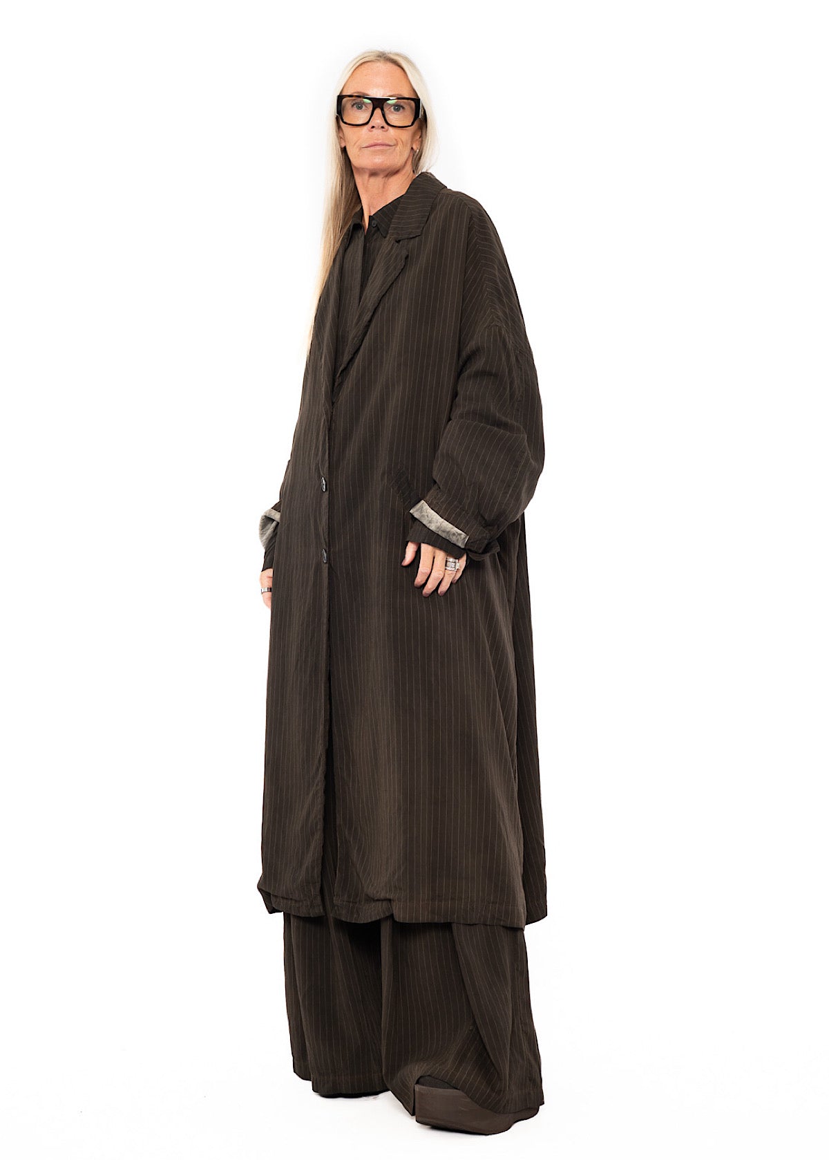 OVERSIZED PINSTRIPE DRAPED COAT
