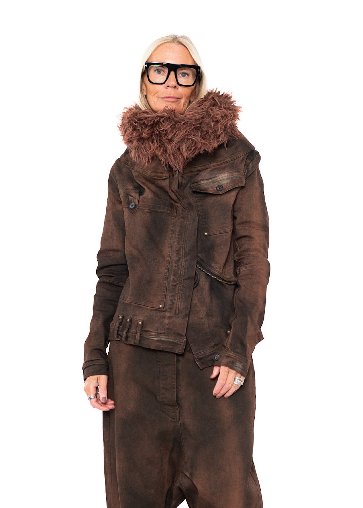 FITTED FAUX FUR-TRIM DENIM JACKET
