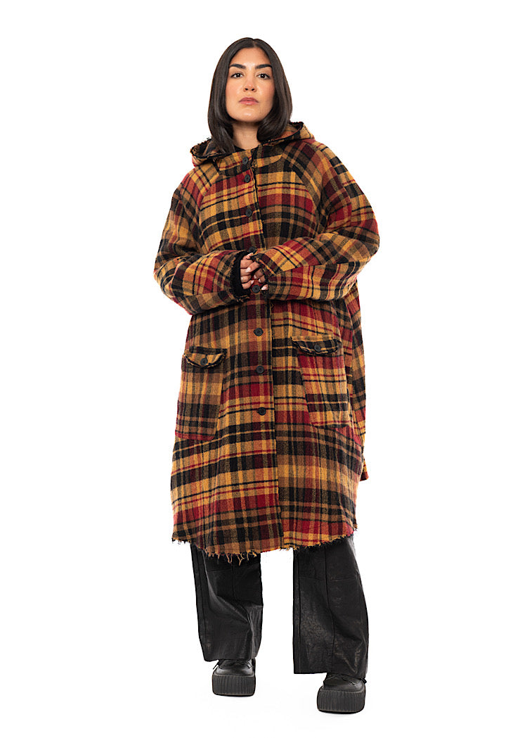 HOODED CHECK WOOL COAT