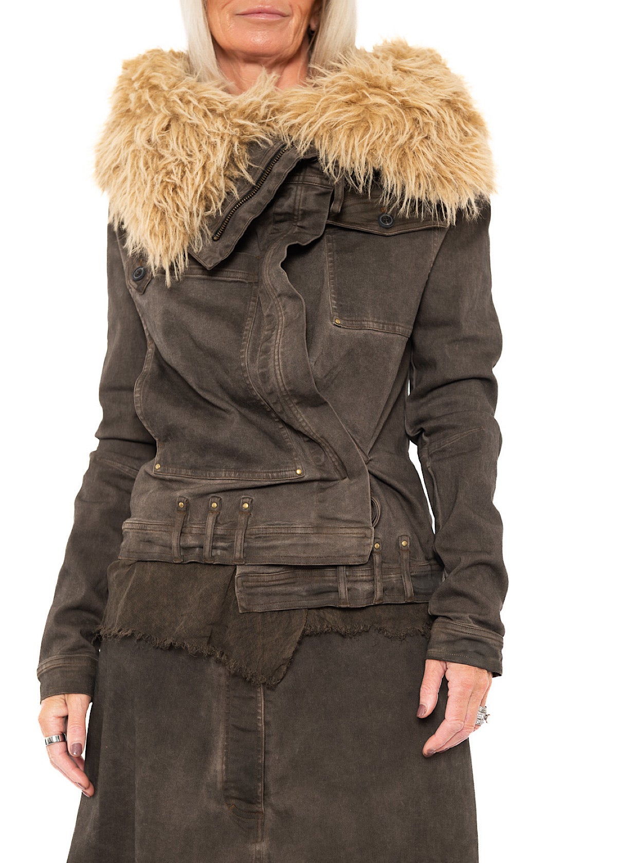 FITTED FAUX FUR-TRIM DENIM JACKET