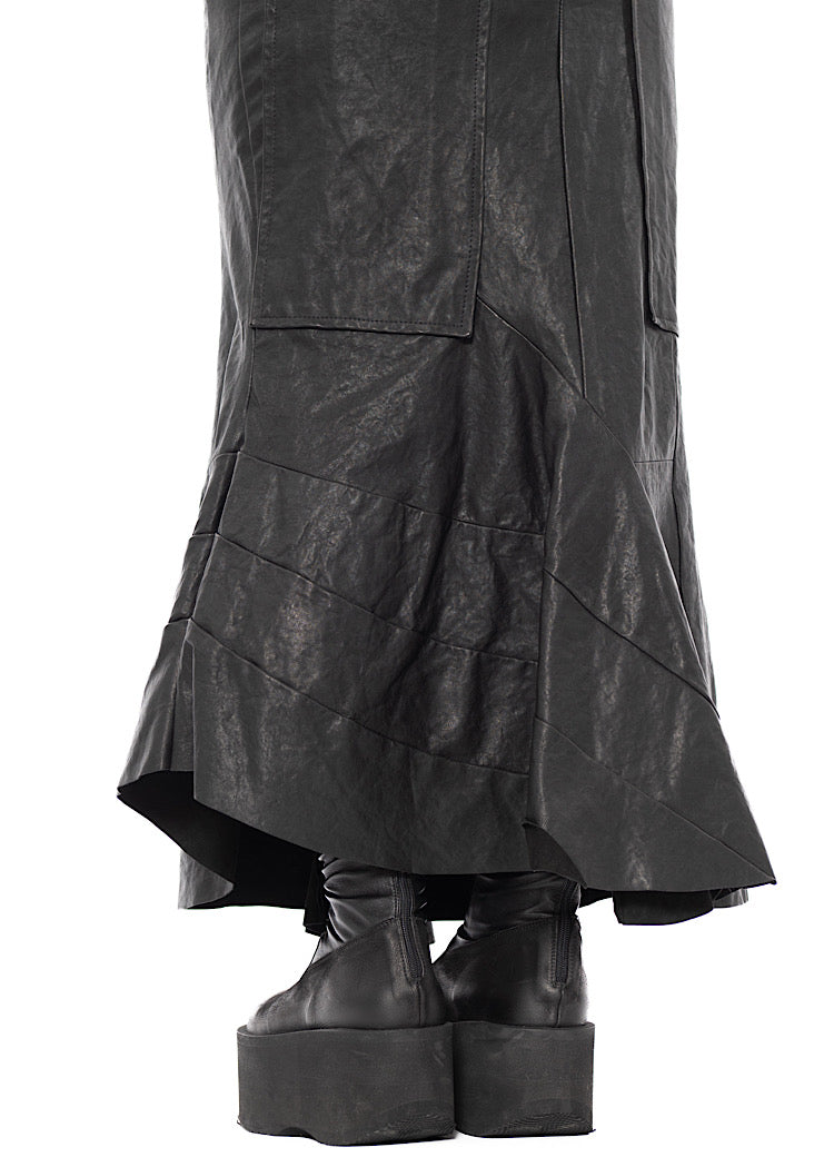 ASYMMETRIC FLARED LEATHER SKIRT