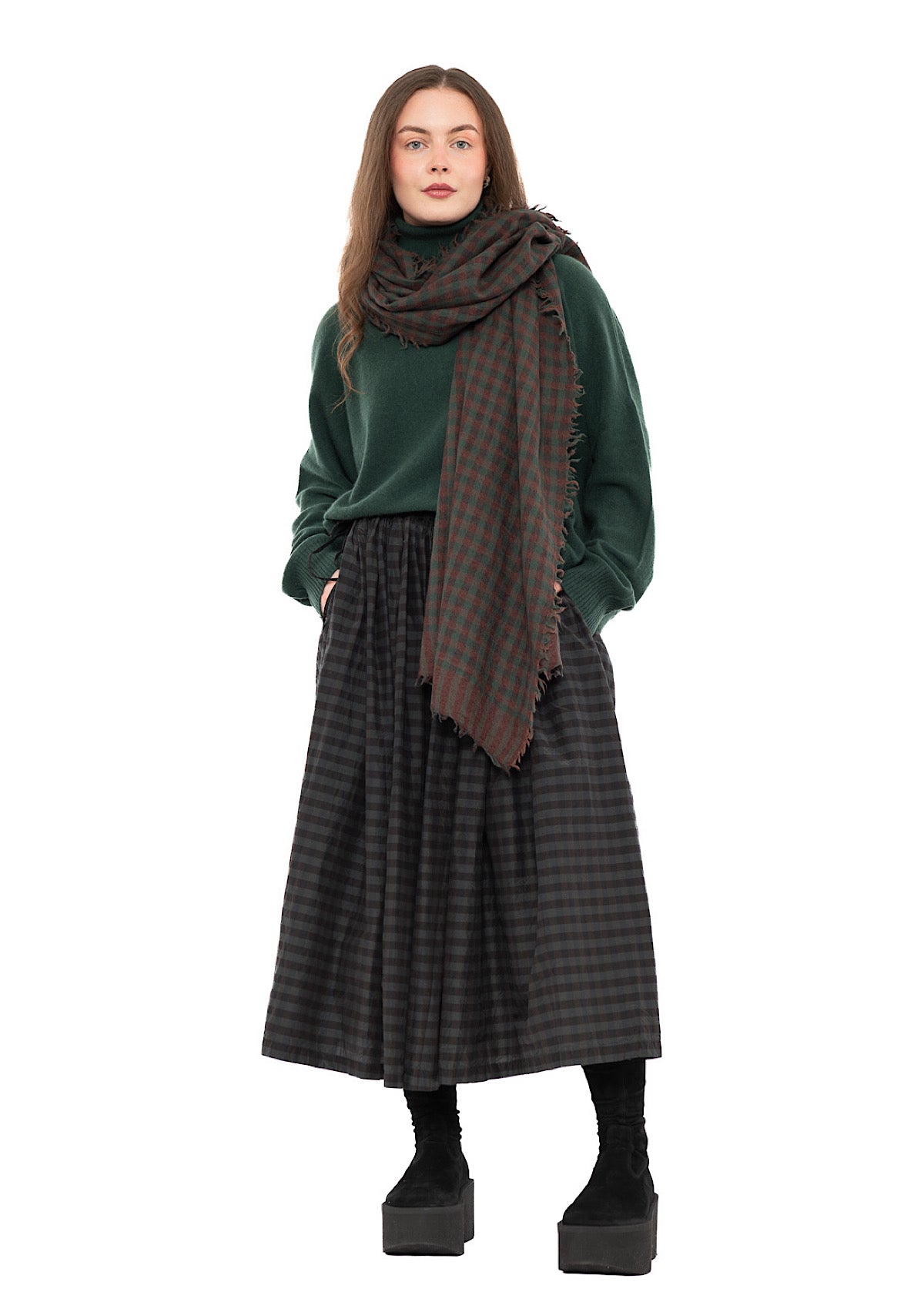 CHECKED COTTON-SILK SKIRT