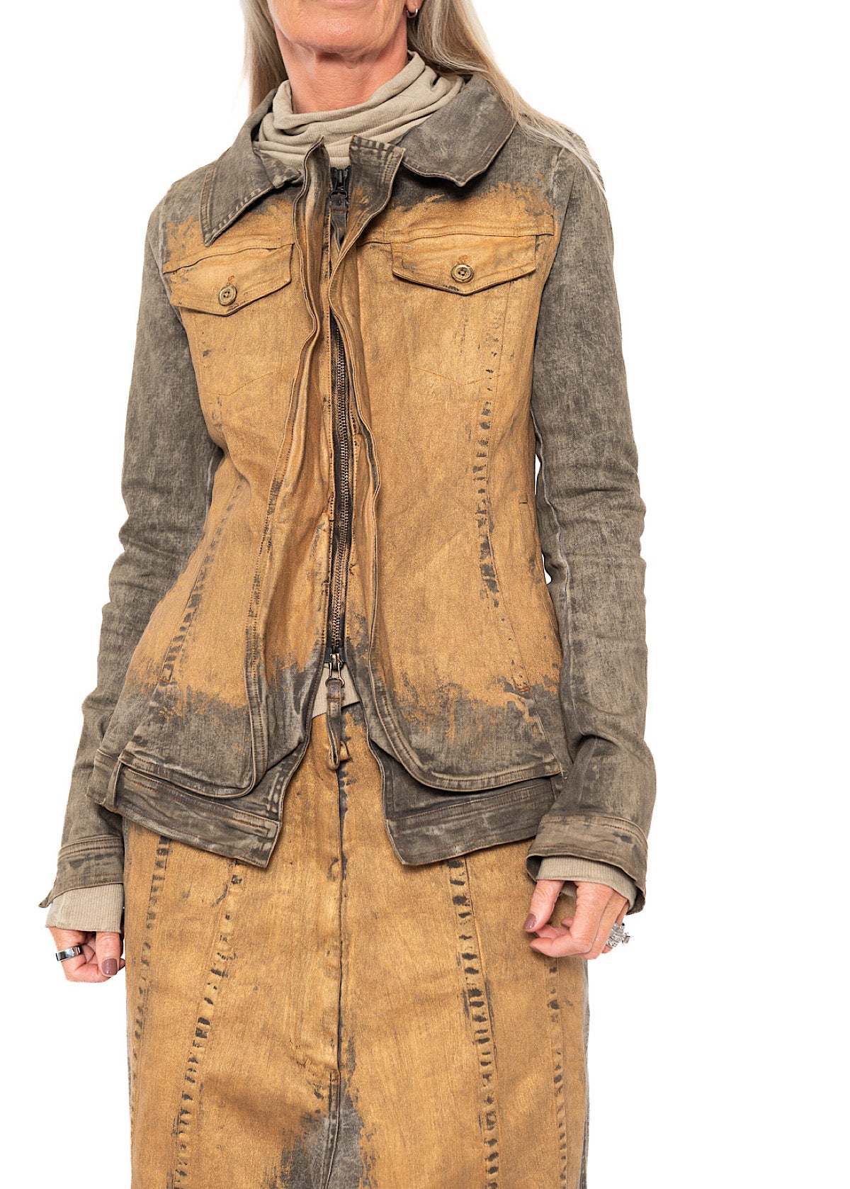HAND-PAINTED GOLD STRETCH DENIM JACKET