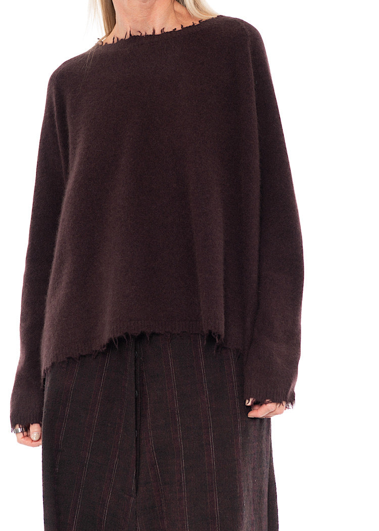 DISTRESSED MERINO RACCOON PULLOVER