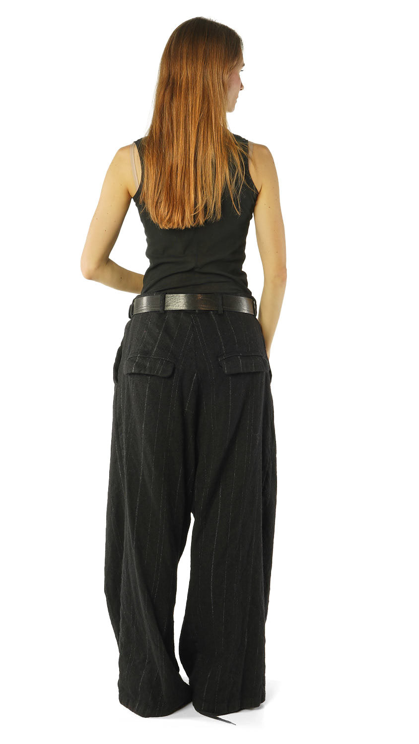 DROP-CROTCH PINSTRIPE WOOL TROUSER *GINGER STRIPE* (SHOWN IN BLACK STRIPE)