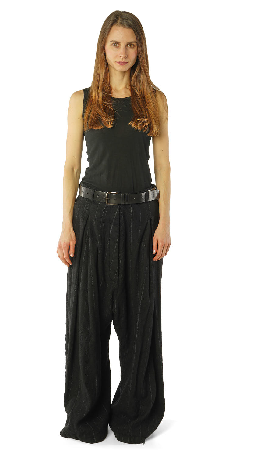 DROP-CROTCH PINSTRIPE WOOL TROUSER *GINGER STRIPE* (SHOWN IN BLACK STRIPE)