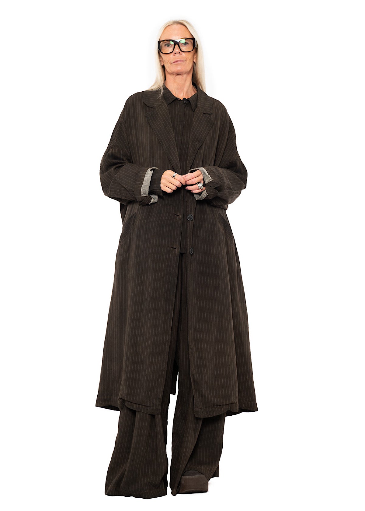 OVERSIZED PINSTRIPE DRAPED COAT