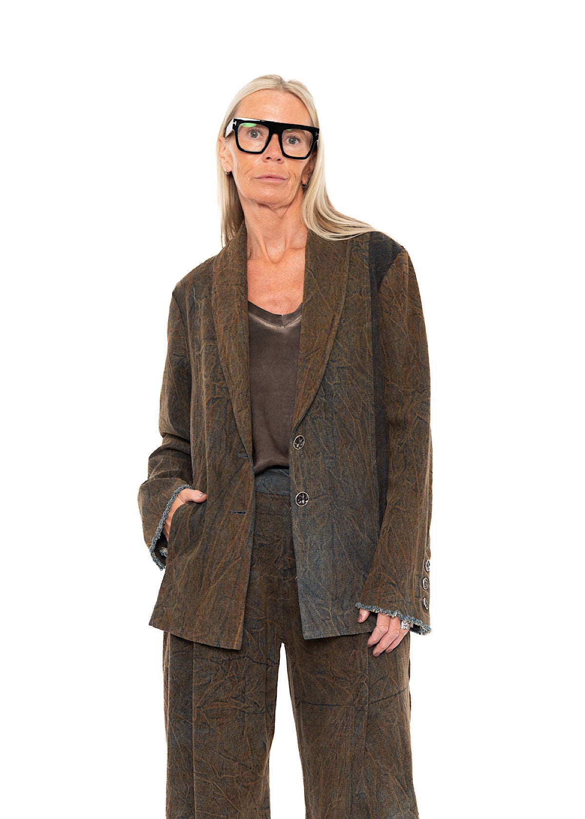 STONE-WASHED DENIM TWO-BUTTON BLAZER