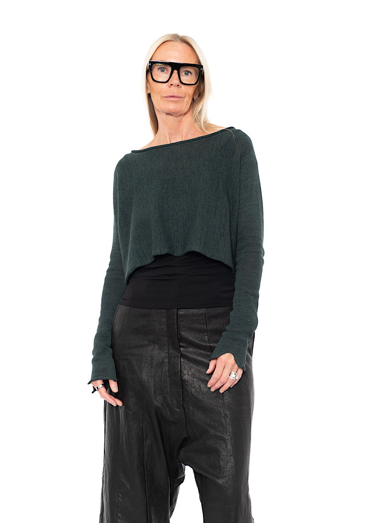 CROPPED LINEN-BLEND KNITTED PULLOVER