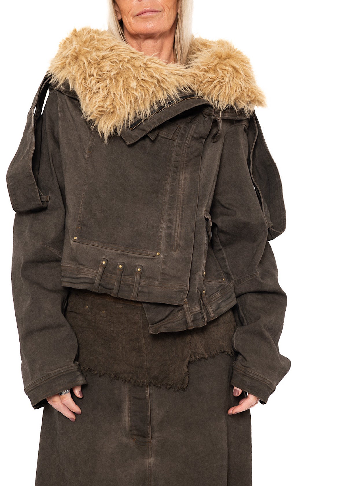 CROPPED FAUX FUR-TRIM DENIM JACKET