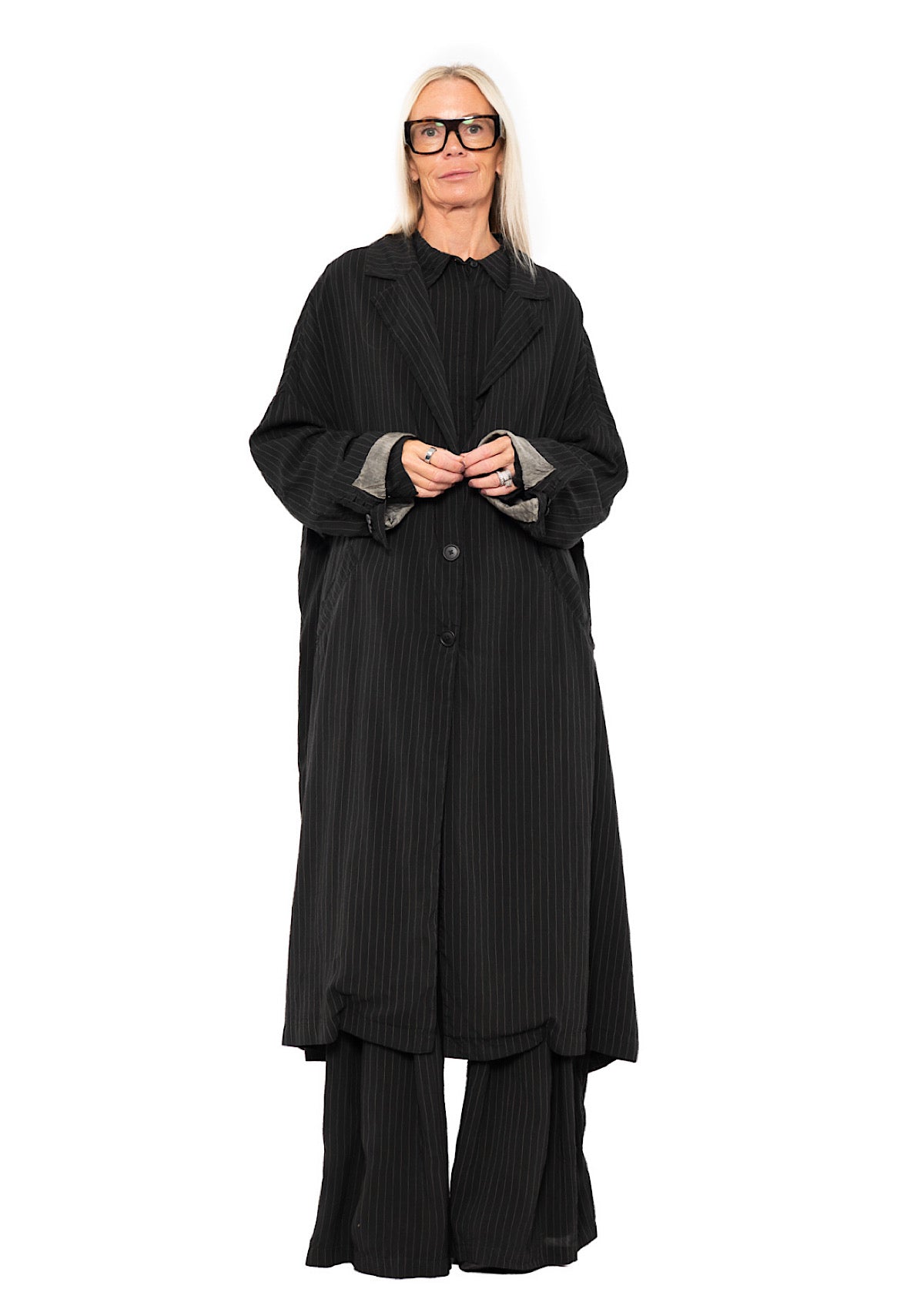 OVERSIZED PINSTRIPE DRAPED COAT