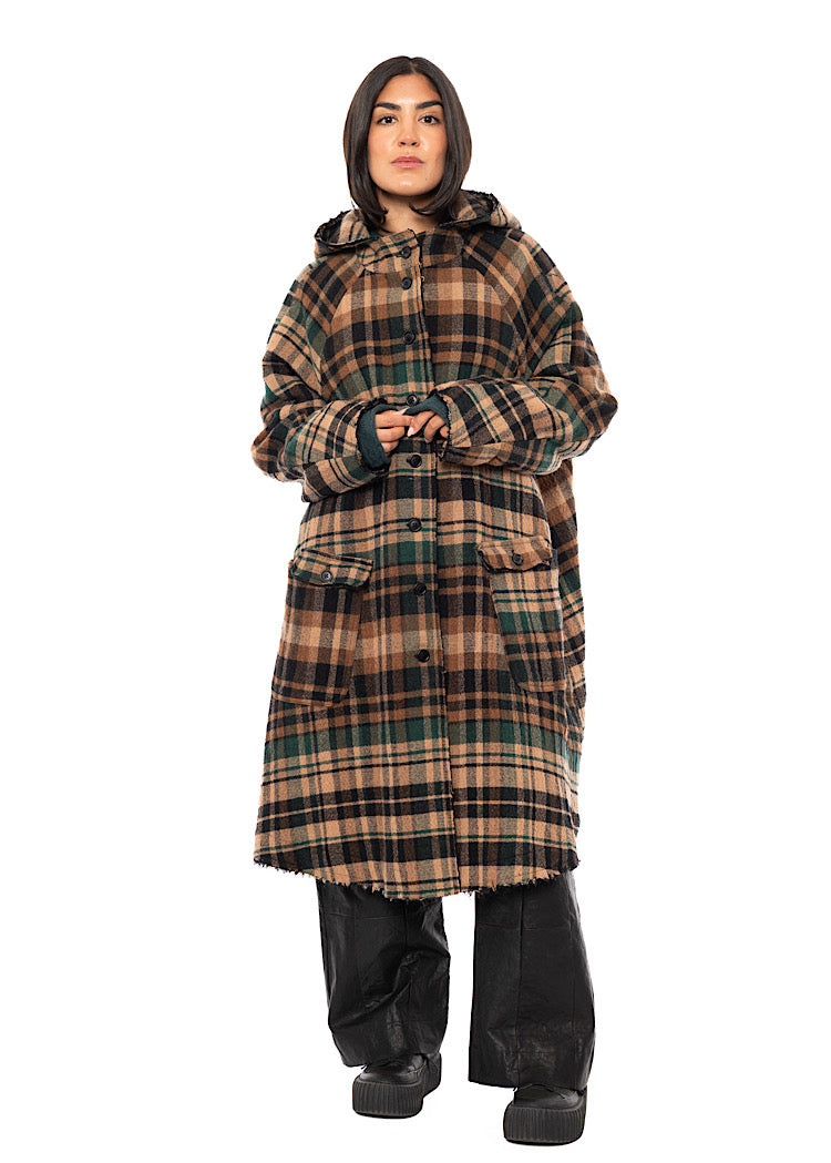 HOODED CHECK WOOL COAT