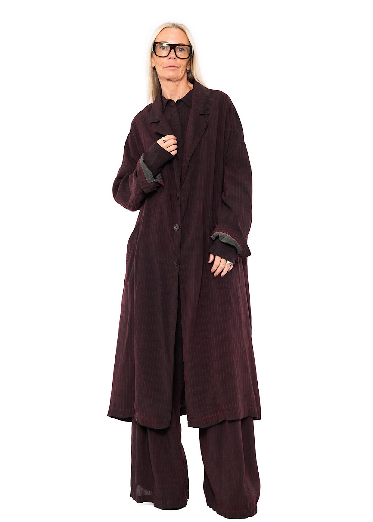 OVERSIZED PINSTRIPE DRAPED COAT