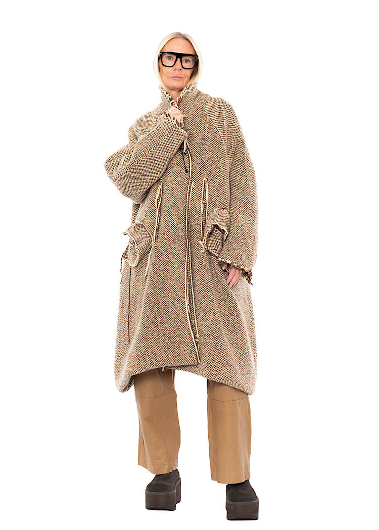 OVERSIZED DISTRESSED CHECK WOOL COAT