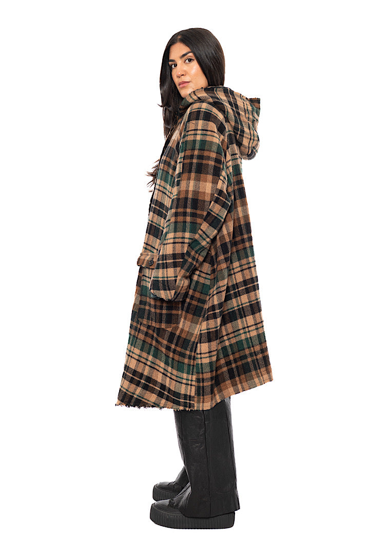 HOODED CHECK WOOL COAT