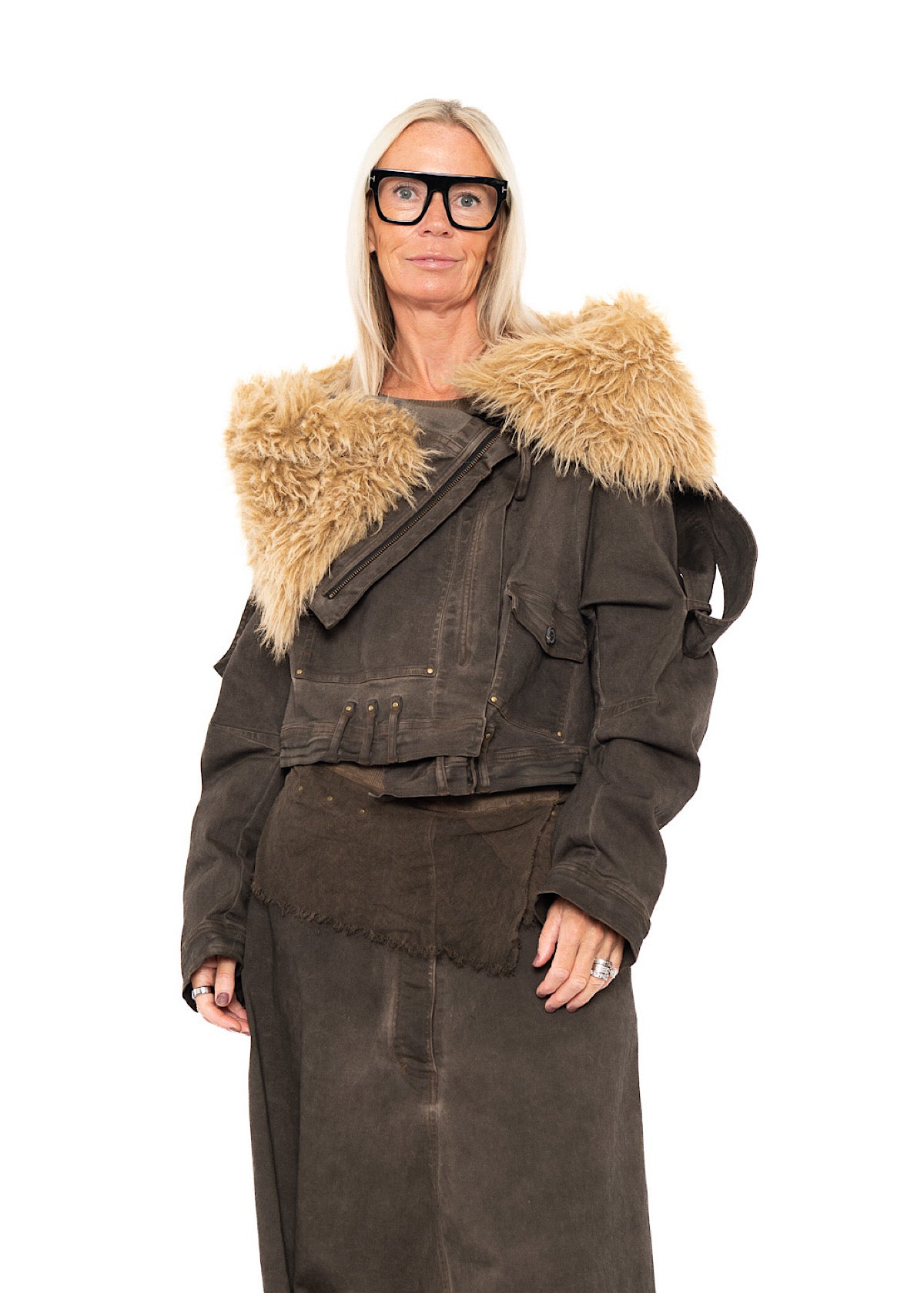 CROPPED FAUX FUR-TRIM DENIM JACKET