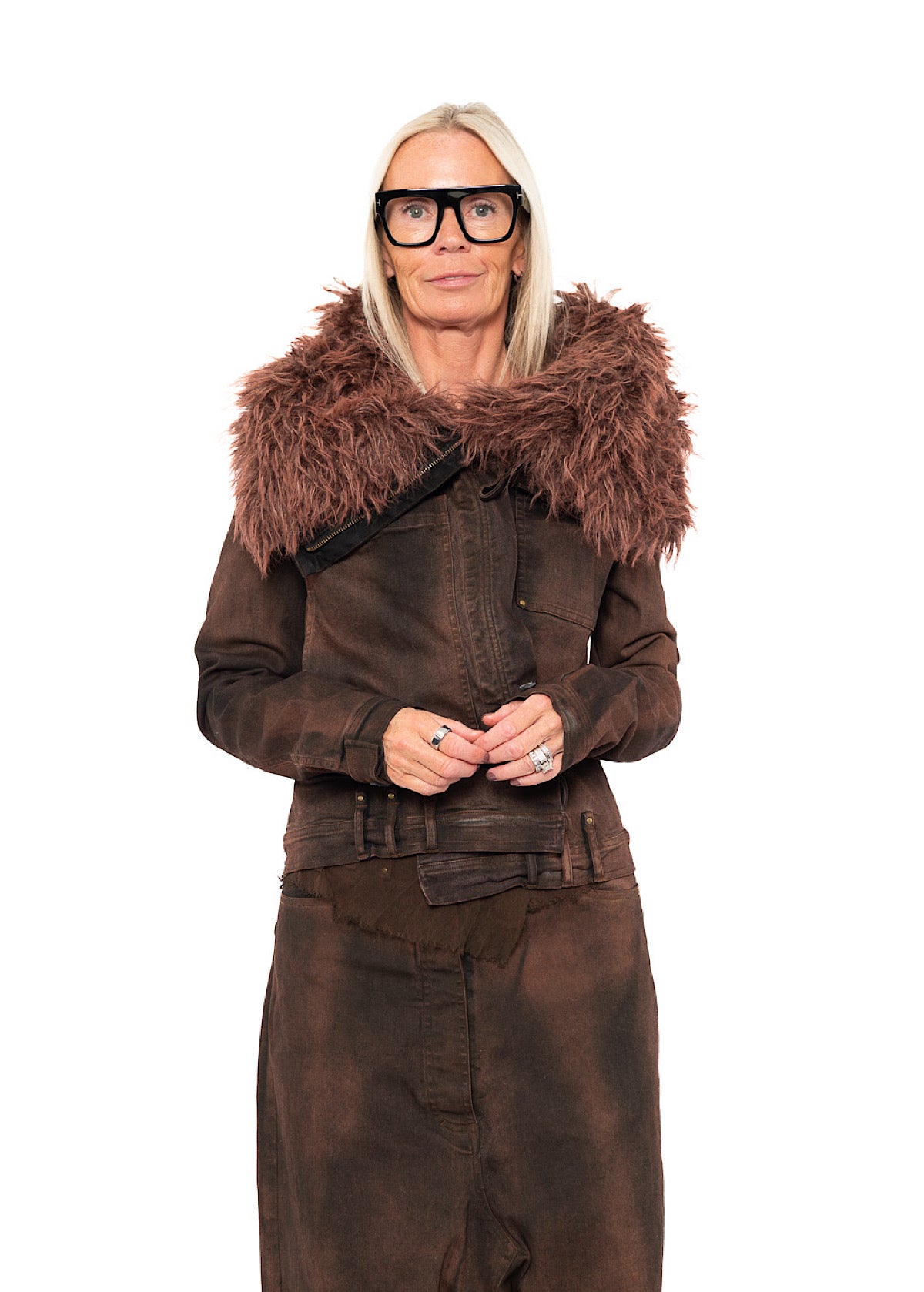 FITTED FAUX FUR-TRIM DENIM JACKET