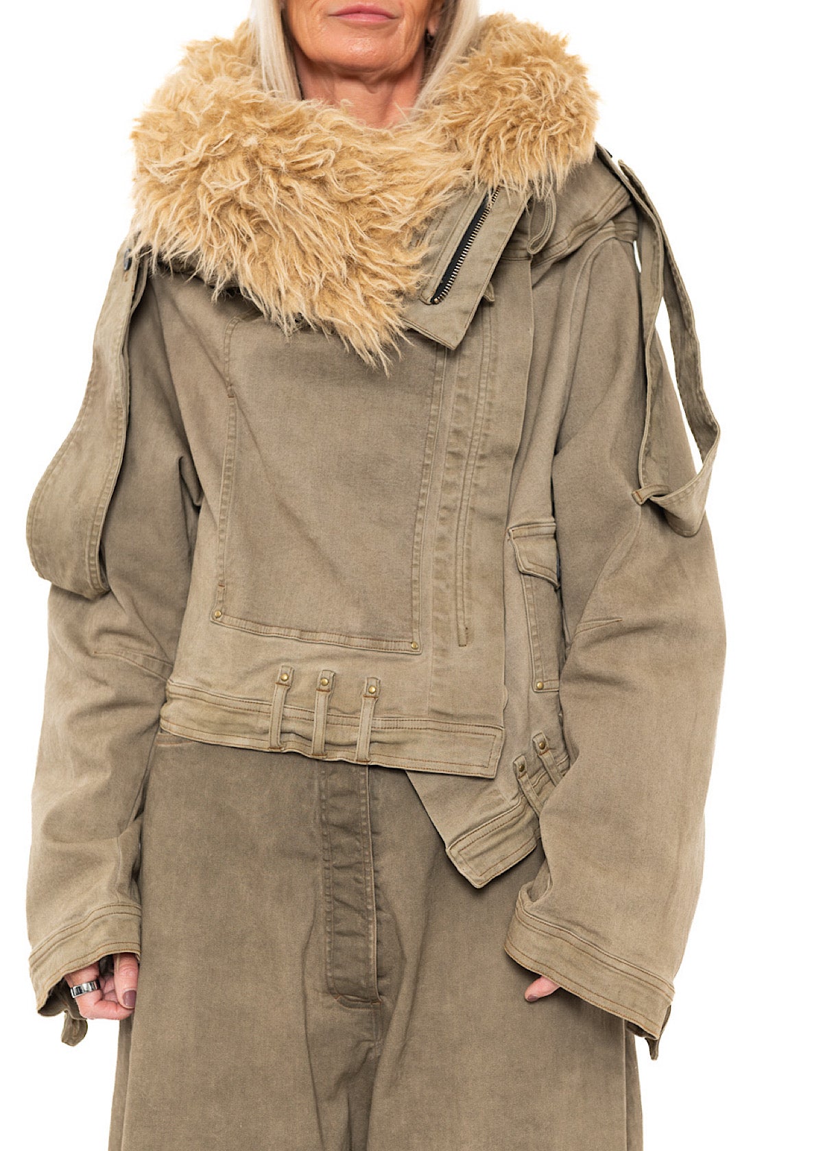 CROPPED FAUX FUR-TRIM DENIM JACKET