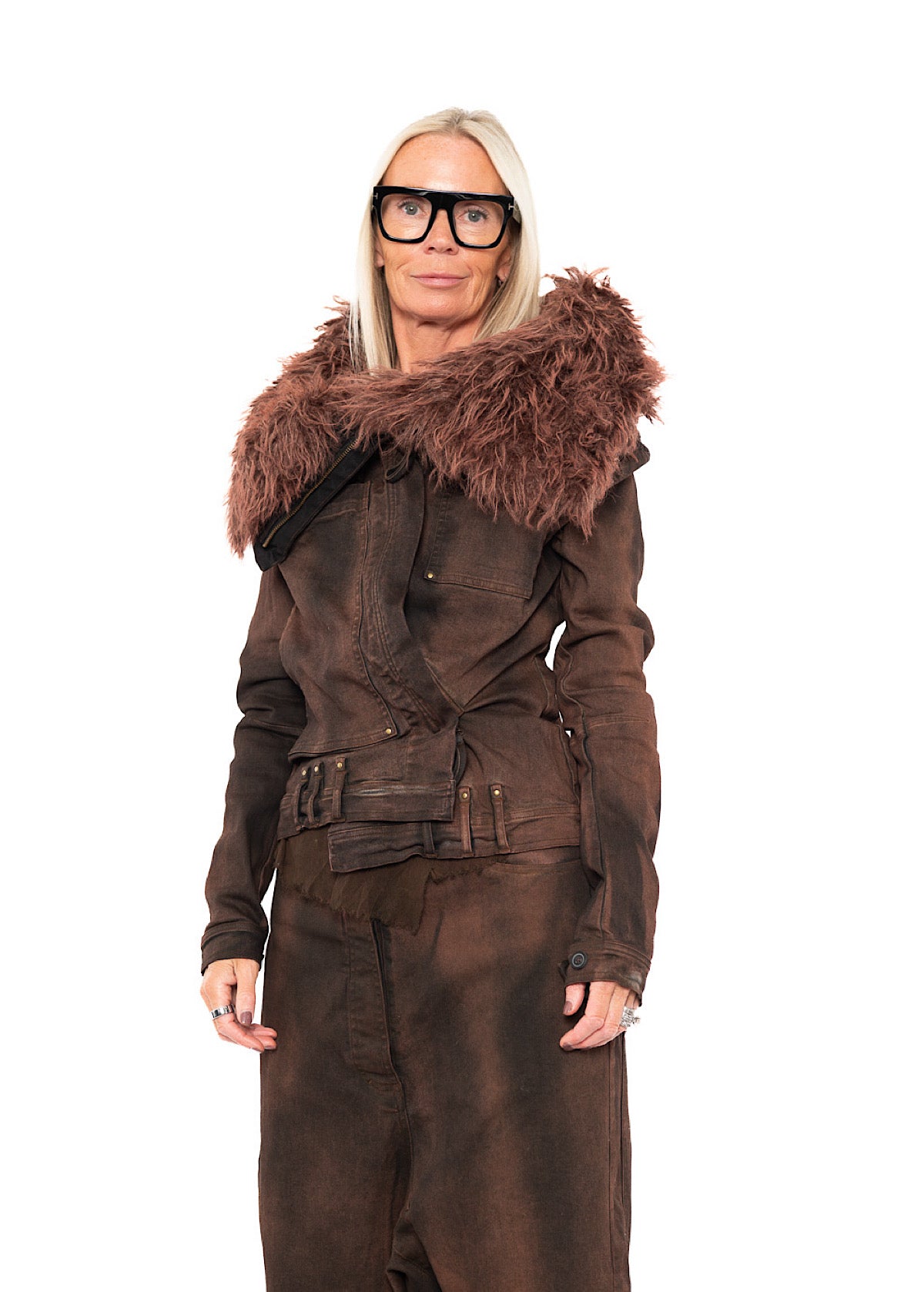 FITTED FAUX FUR-TRIM DENIM JACKET