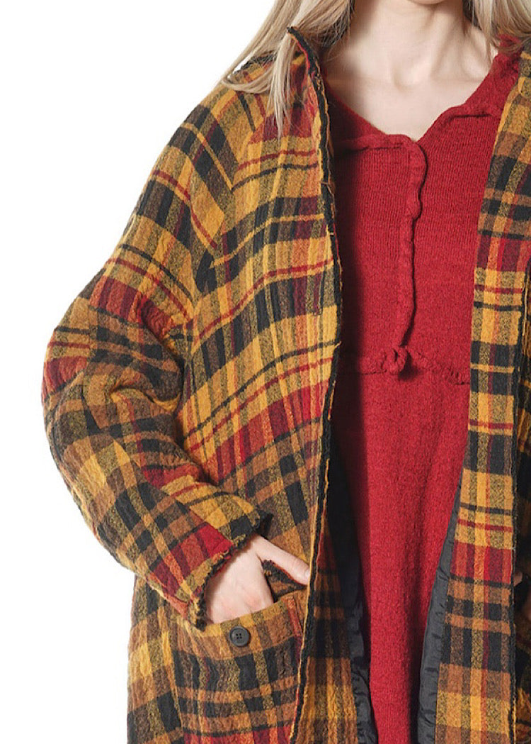 HOODED CHECK WOOL COAT