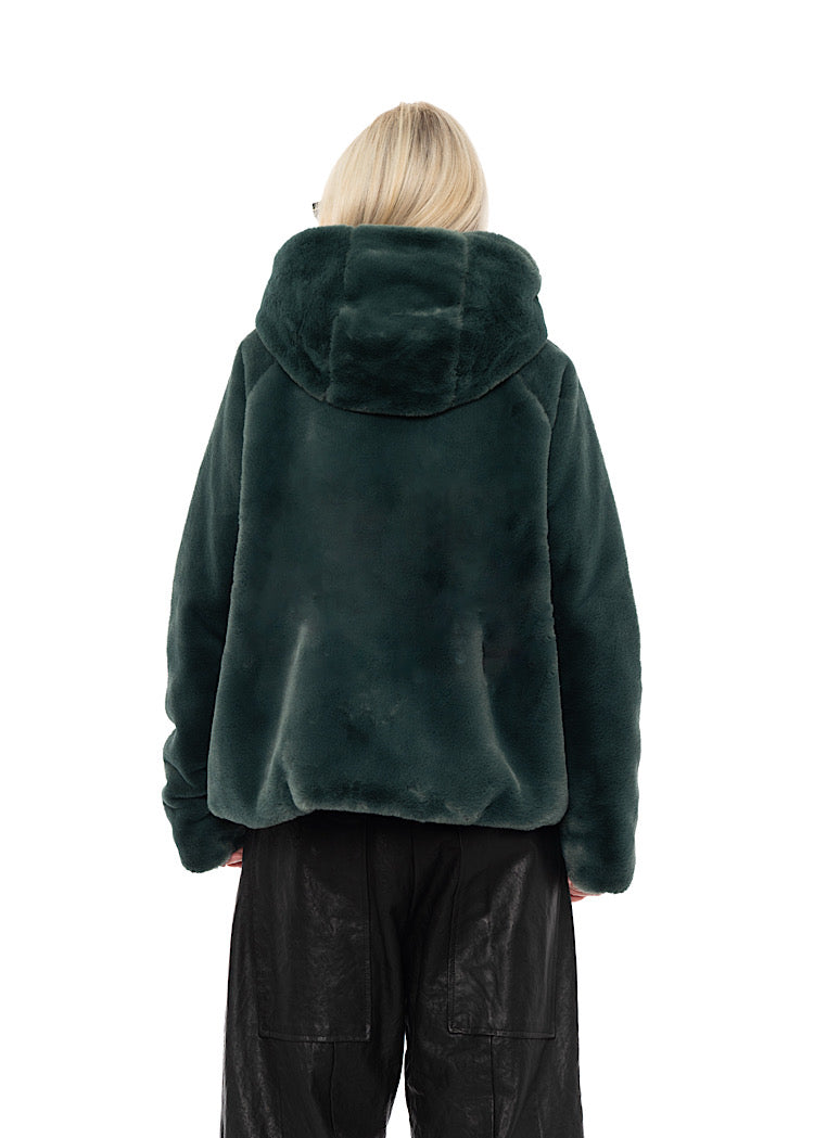CROPPED HOODED FAUX FUR JACKET
