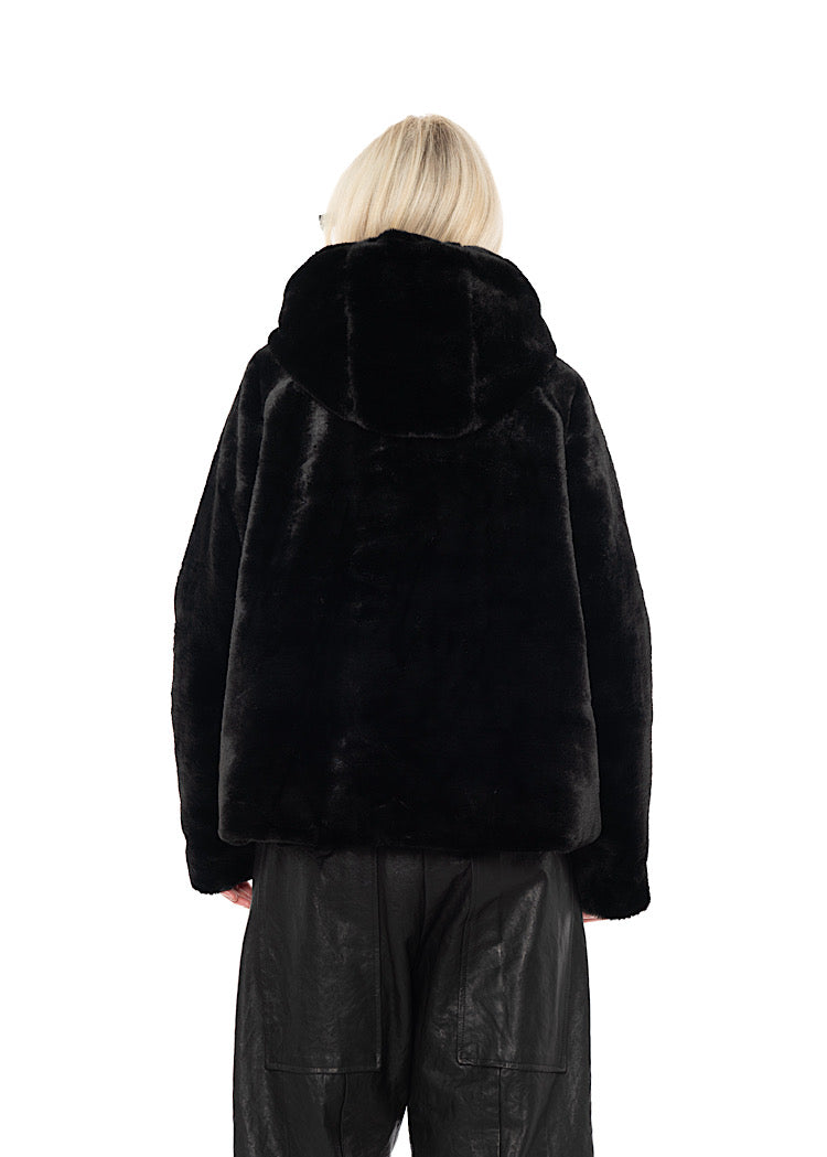 CROPPED HOODED FAUX FUR JACKET