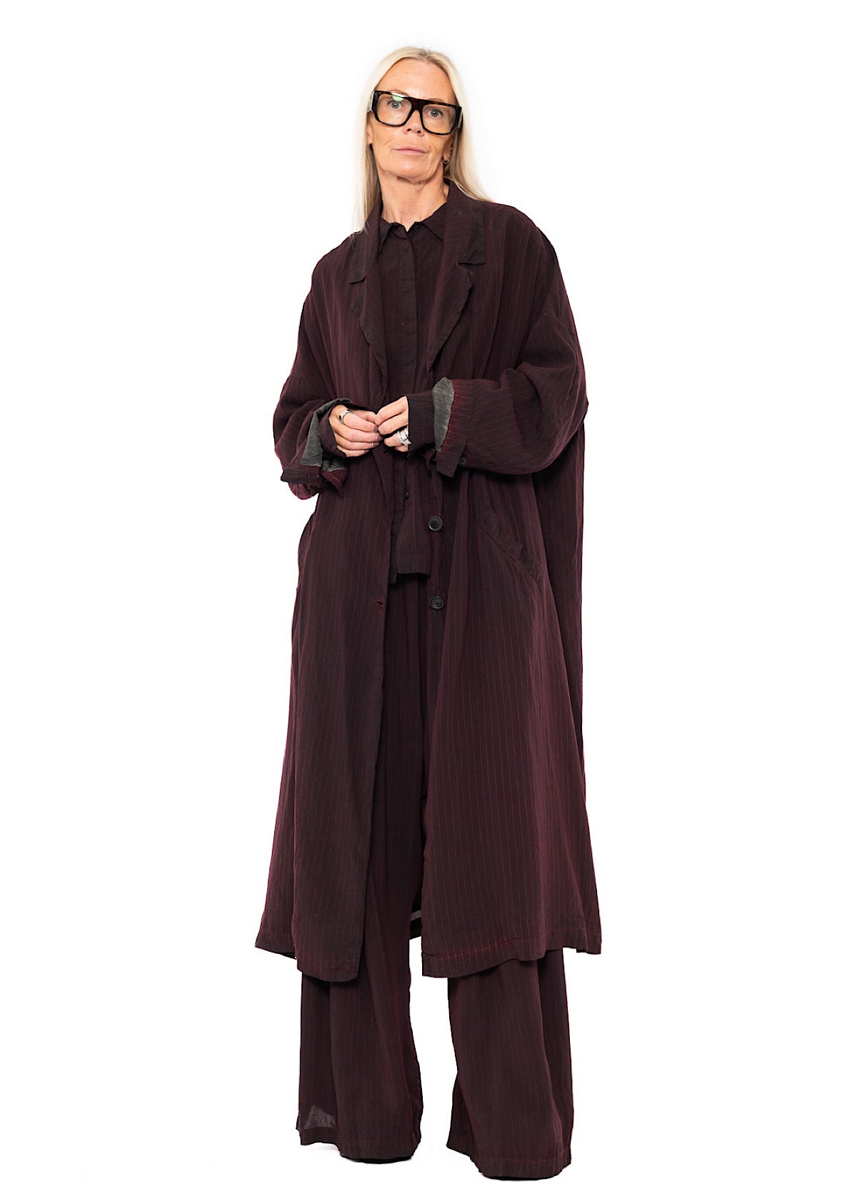 OVERSIZED PINSTRIPE DRAPED COAT
