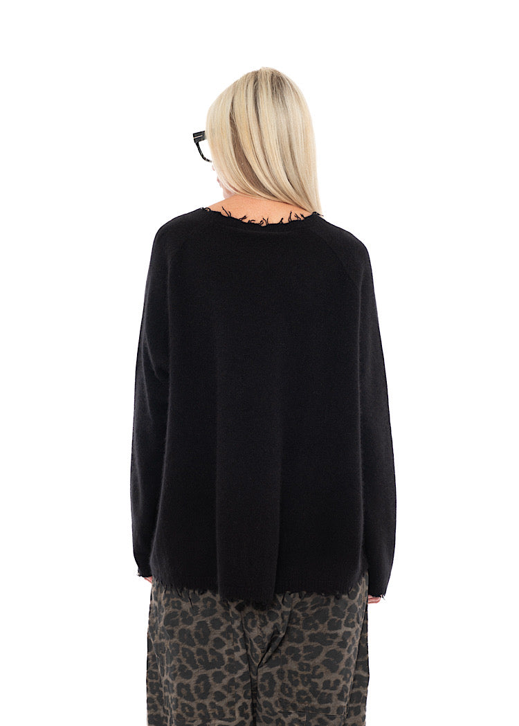 DISTRESSED MERINO RACCOON PULLOVER