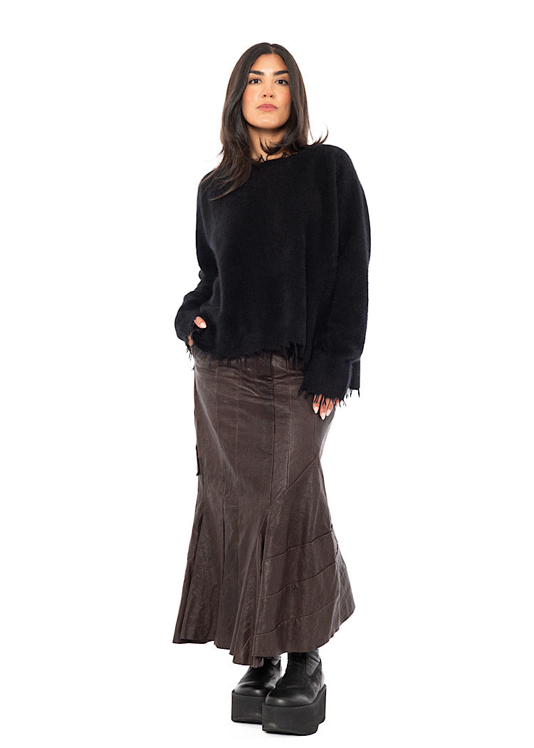 ASYMMETRIC FLARED LEATHER SKIRT