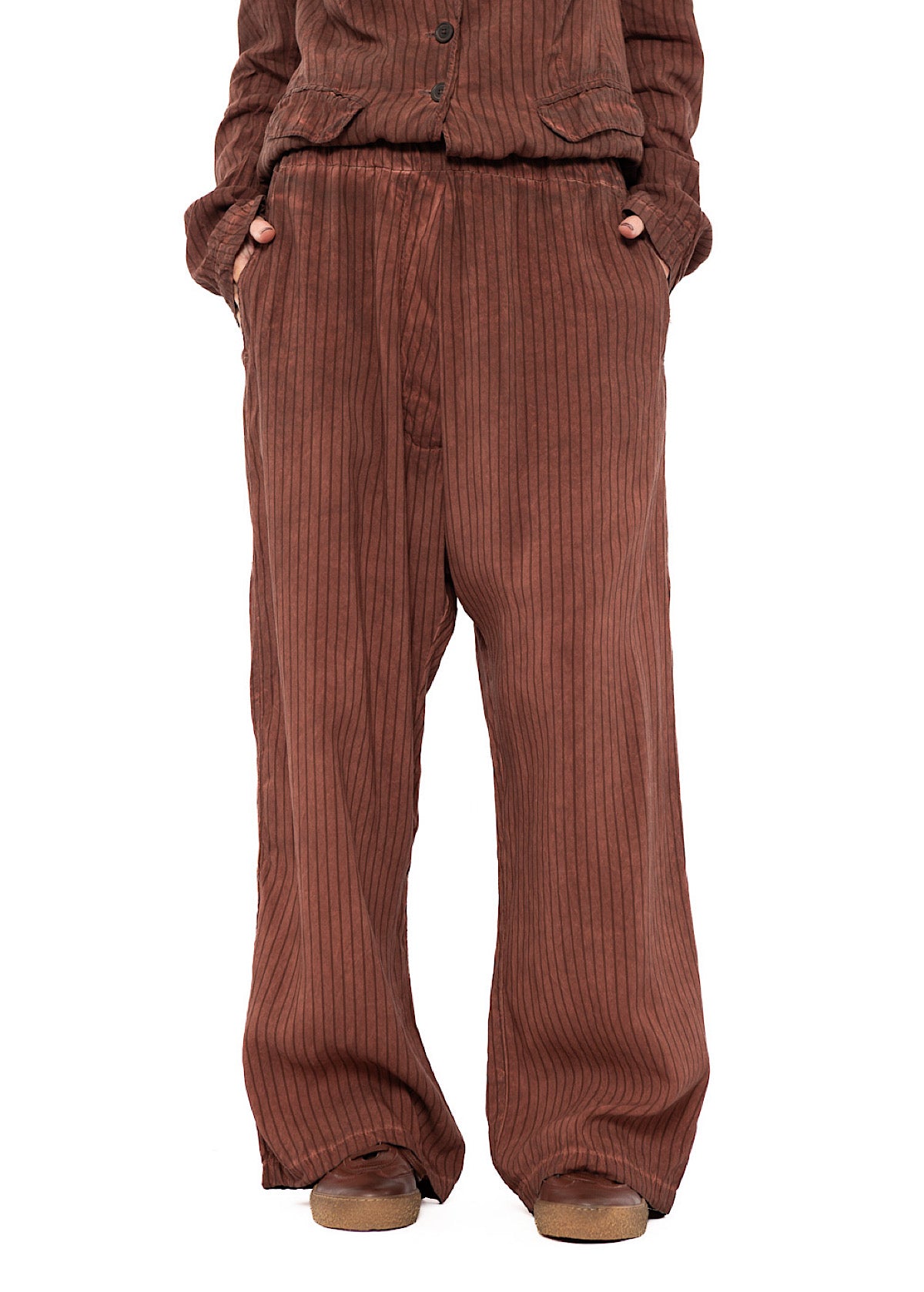 GARMENT-DYED SILK STRIPE TROUSER