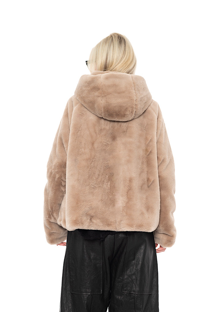 CROPPED HOODED FAUX FUR JACKET