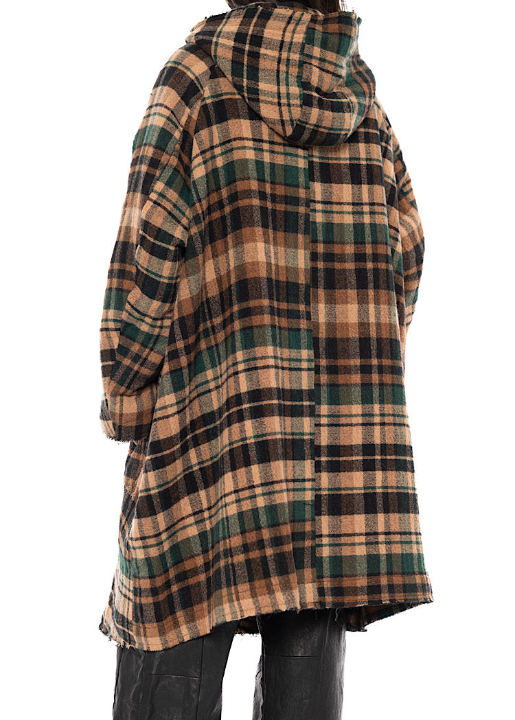 HOODED CHECK WOOL COAT