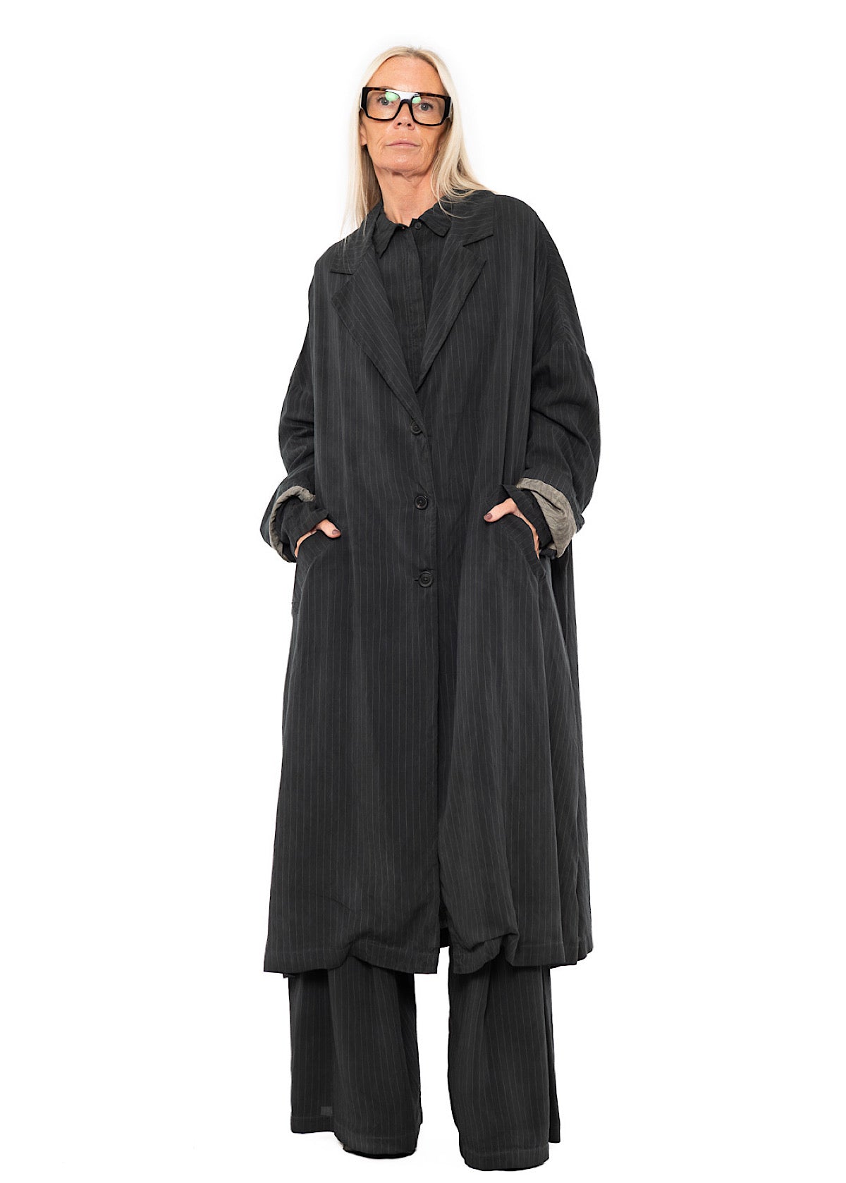 OVERSIZED PINSTRIPE DRAPED COAT