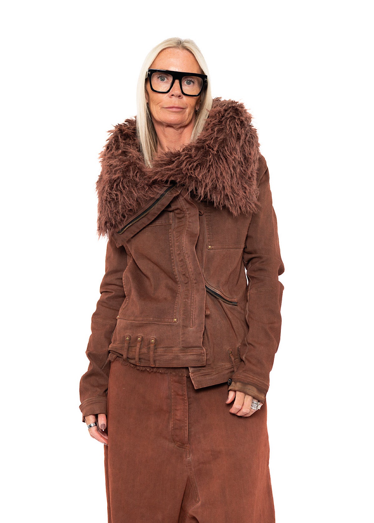 FITTED FAUX FUR-TRIM DENIM JACKET