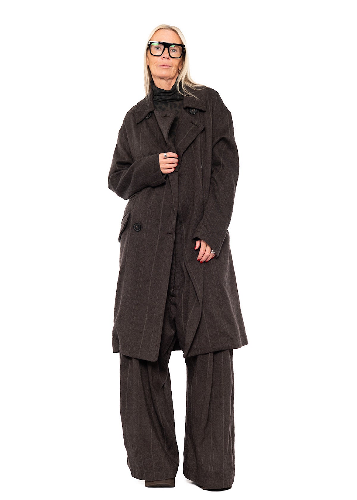 DOUBLE-BREASTED PINSTRIPE WOOL COAT