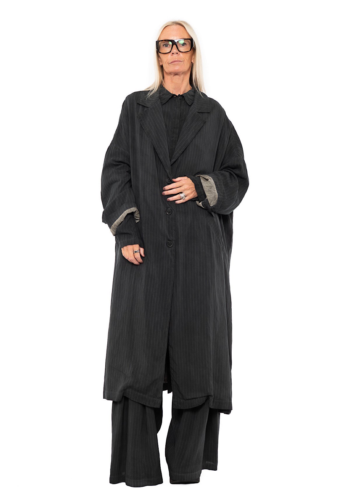OVERSIZED PINSTRIPE DRAPED COAT