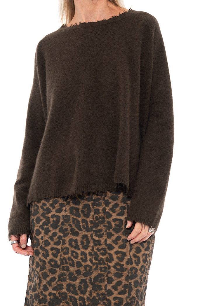 DISTRESSED MERINO RACCOON PULLOVER
