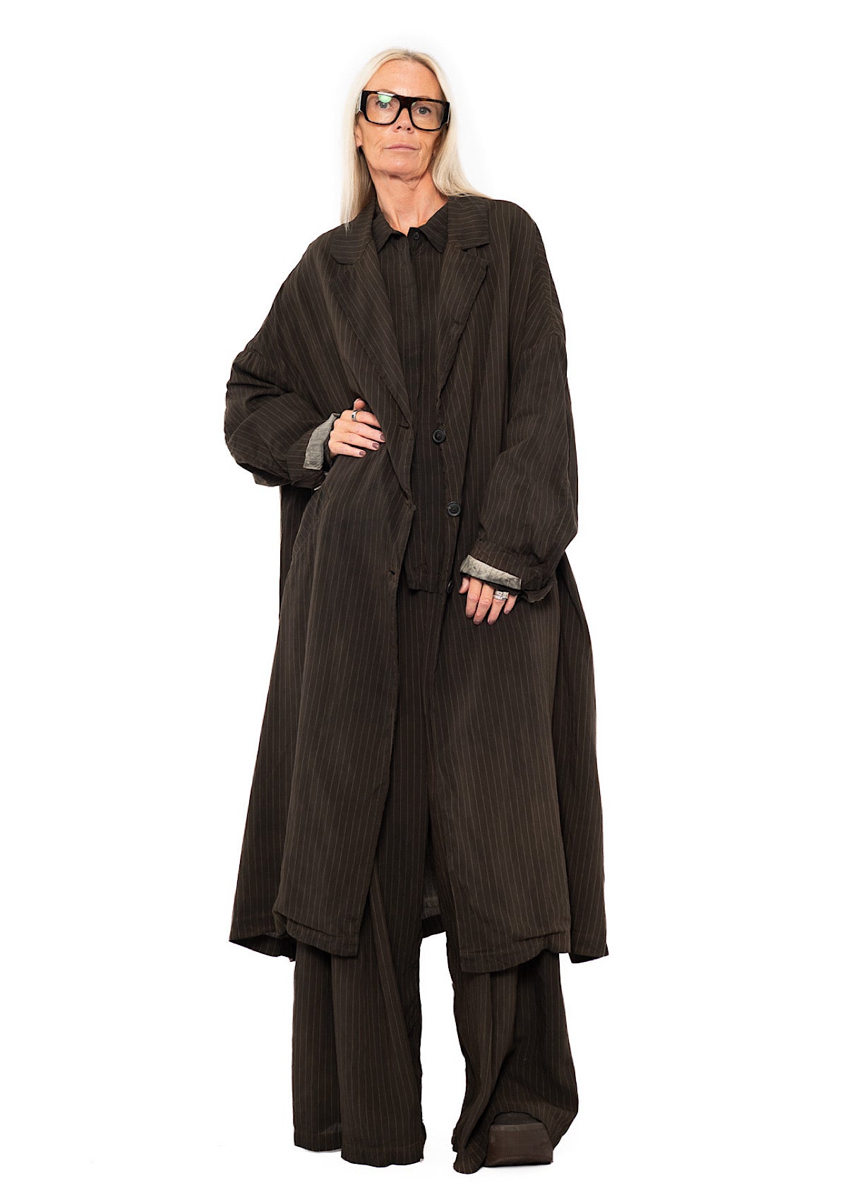 OVERSIZED PINSTRIPE DRAPED COAT