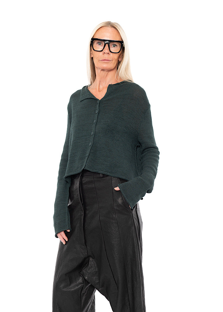 CROPPED LINEN-BLEND KNITTED CARDIGAN