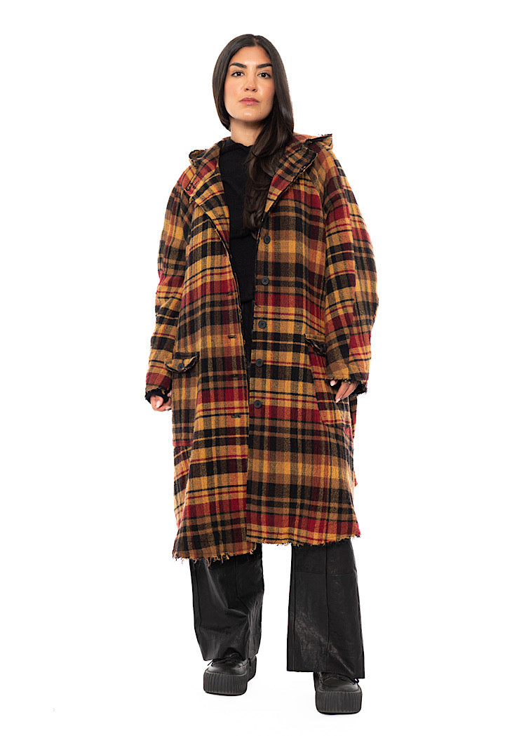 HOODED CHECK WOOL COAT
