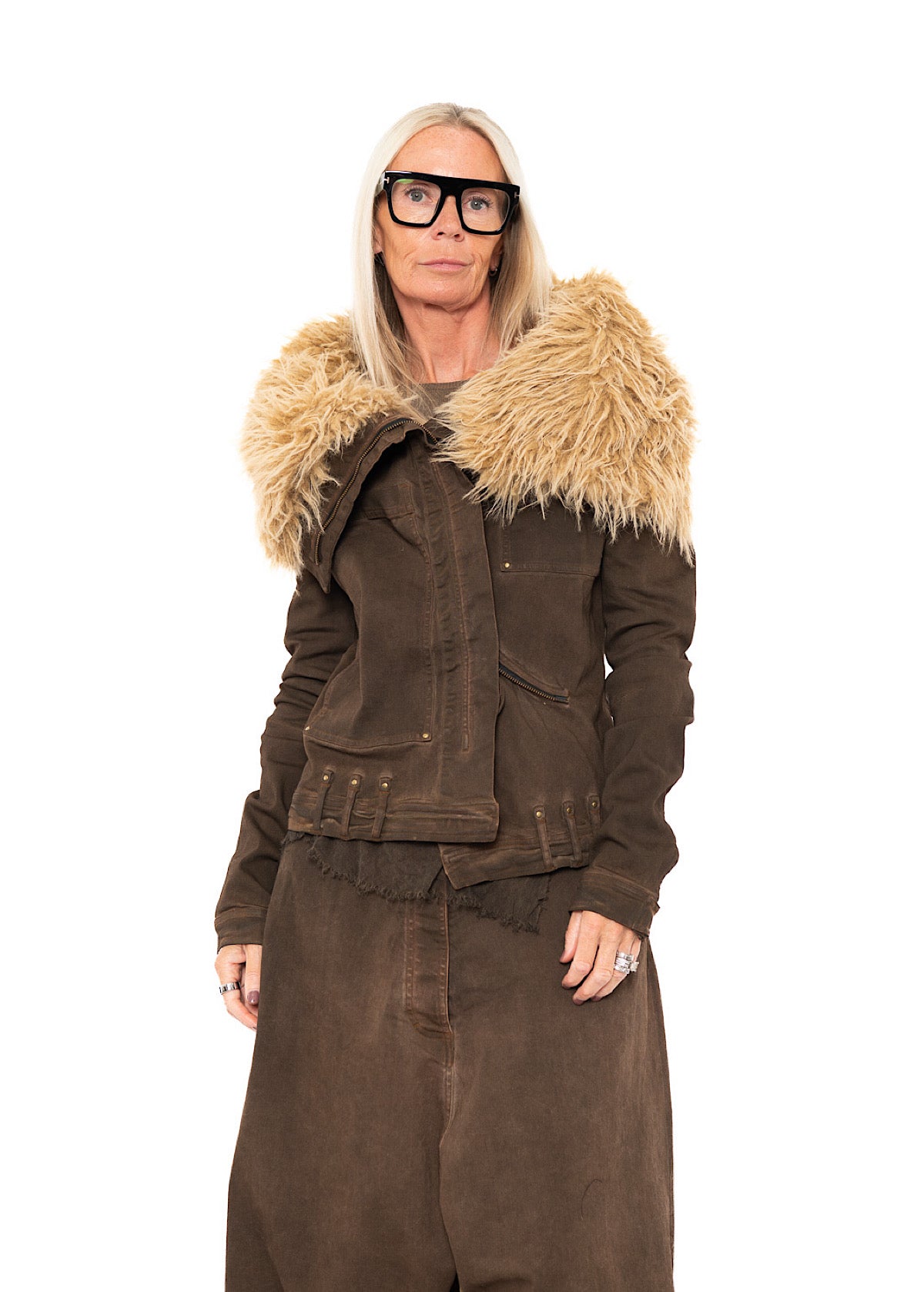 FITTED FAUX FUR-TRIM DENIM JACKET