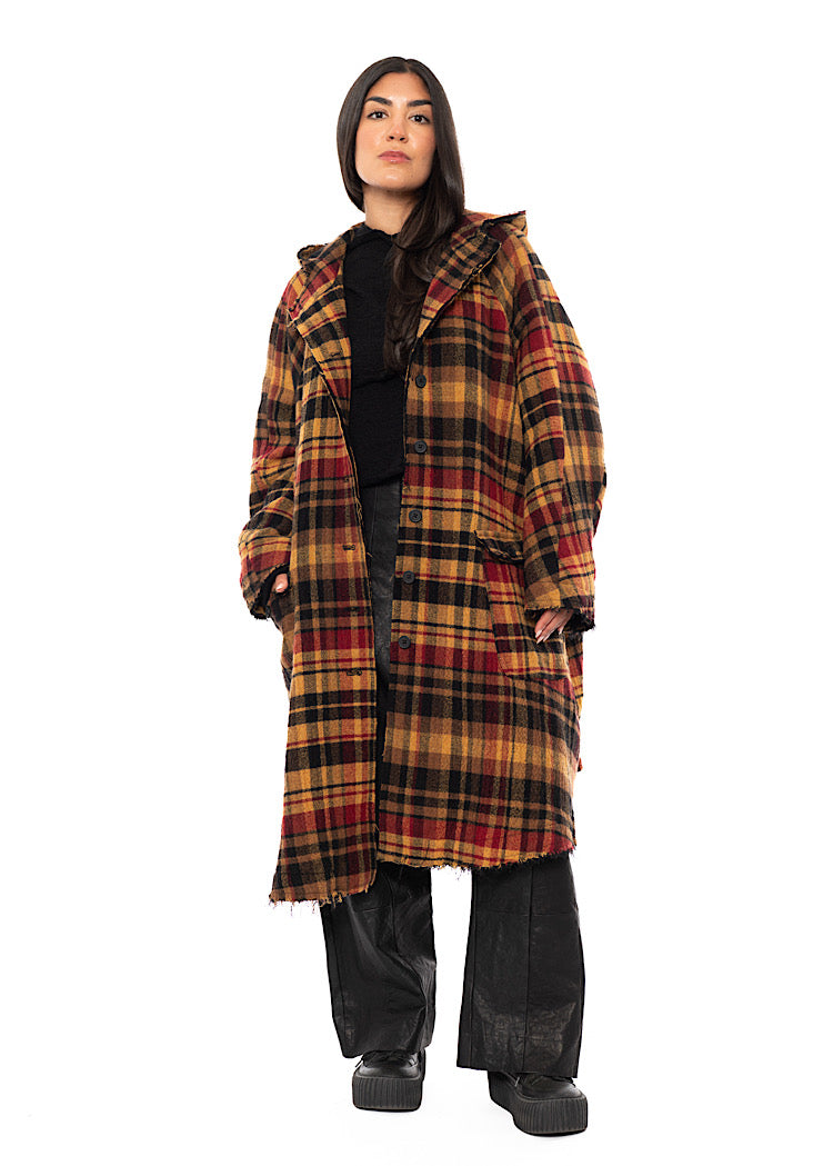 HOODED CHECK WOOL COAT