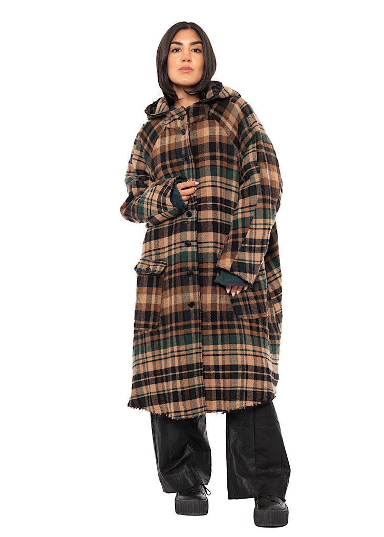 HOODED CHECK WOOL COAT