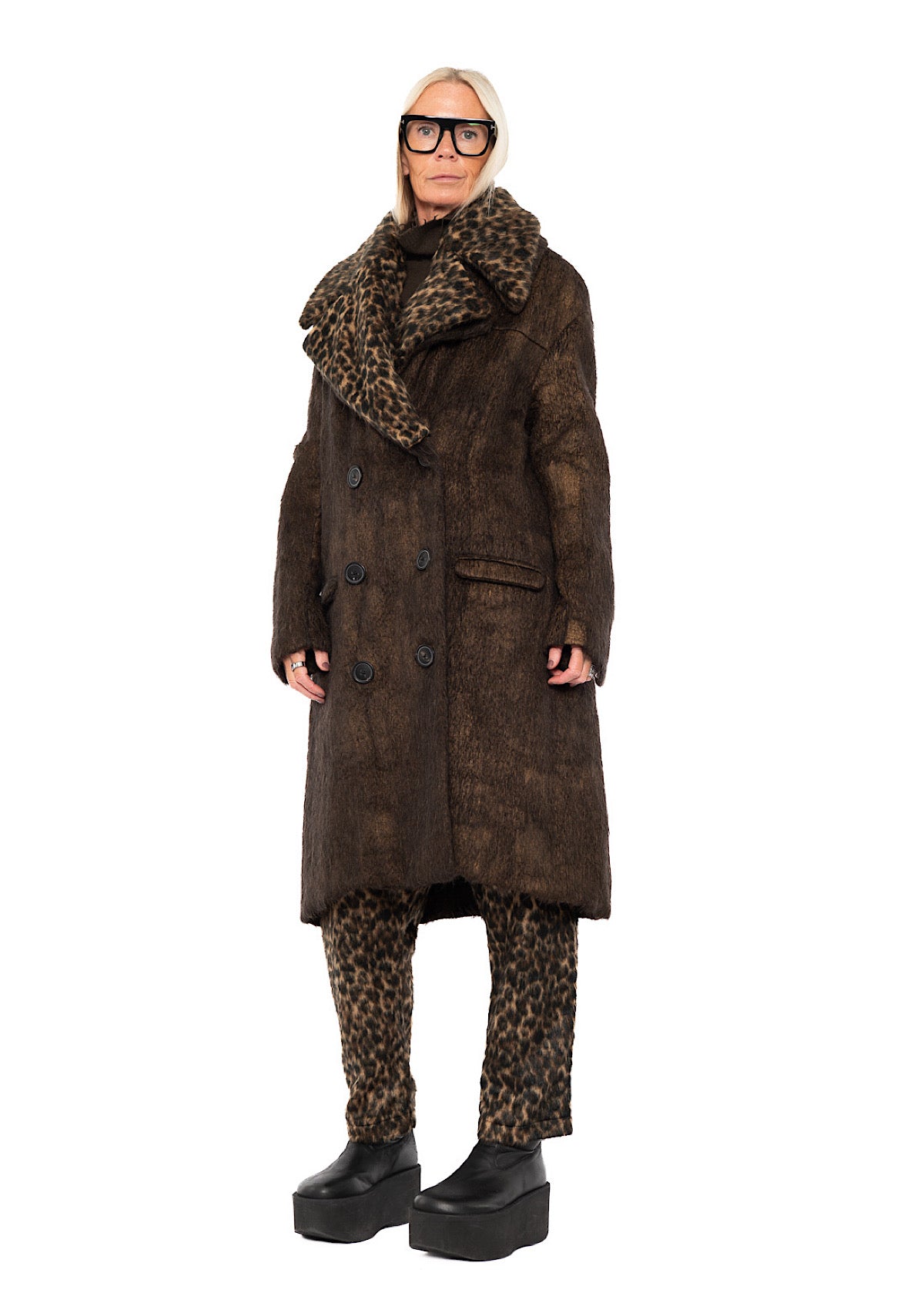 OVERSIZED LONG-HAIR WOOL COAT WITH DETACHABLE LEOPARD COLLAR