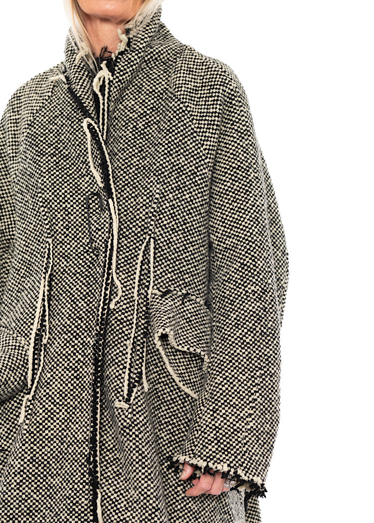 OVERSIZED DISTRESSED CHECK WOOL COAT