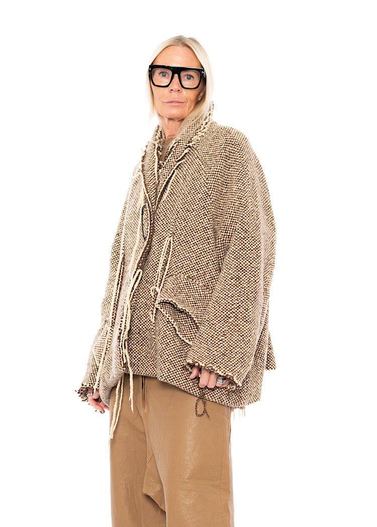OVERSIZED DISTRESSED CHECK WOOL JACKET