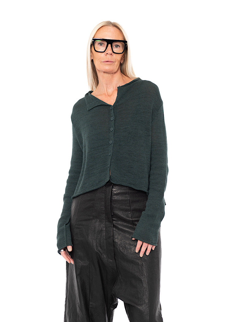 CROPPED LINEN-BLEND KNITTED CARDIGAN