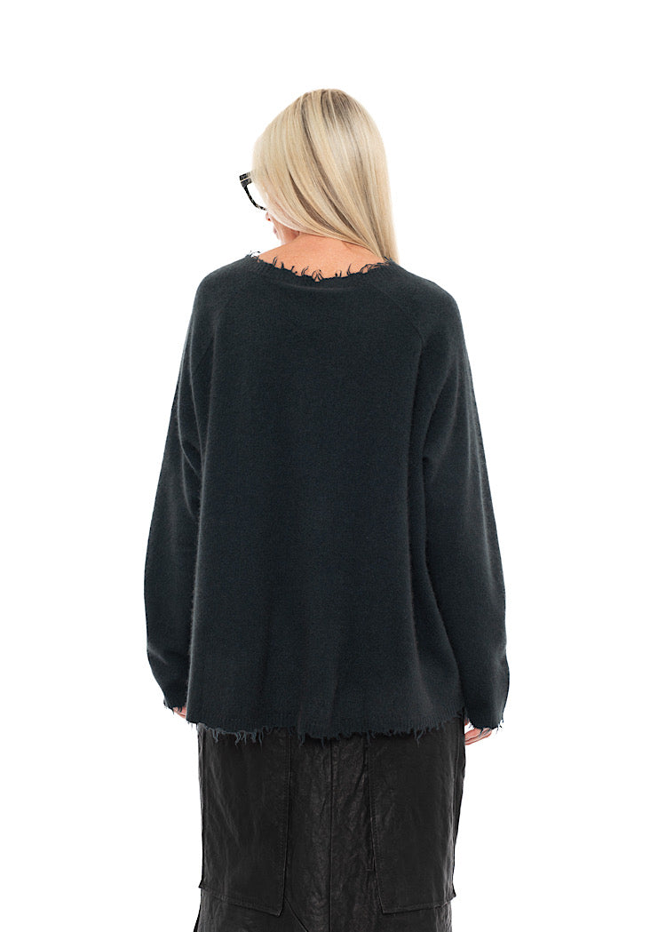 DISTRESSED MERINO RACCOON PULLOVER